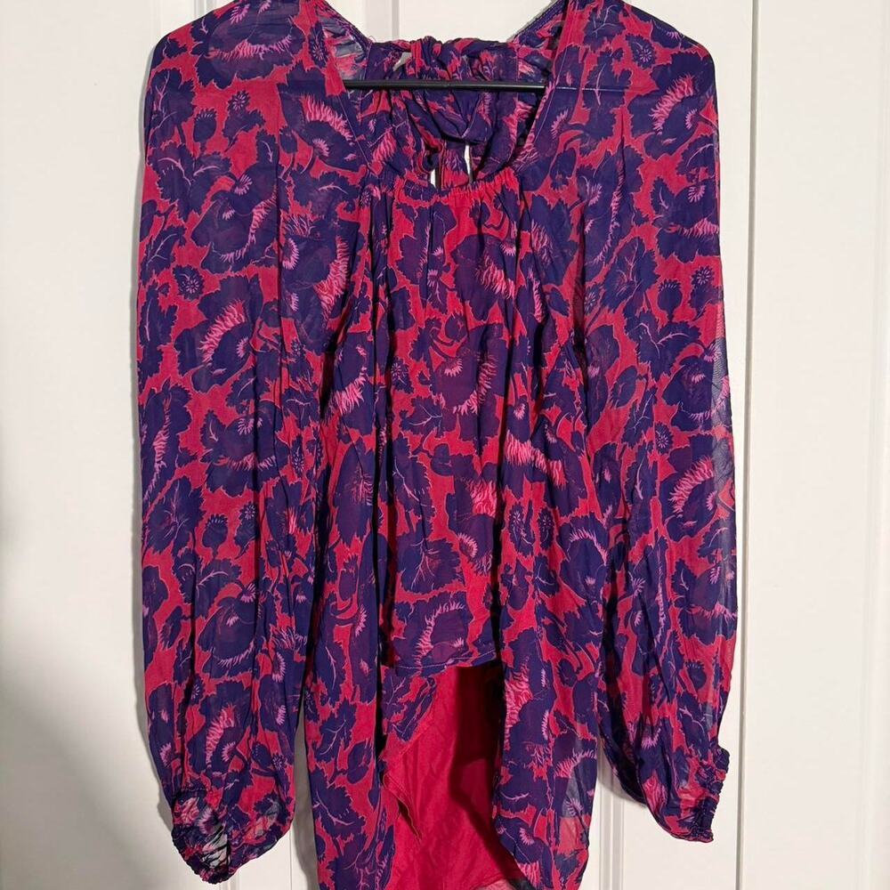 Anthropologie Maeve red and purple floral blouse with puff sleeves Size XXS - Picture 5 of 5